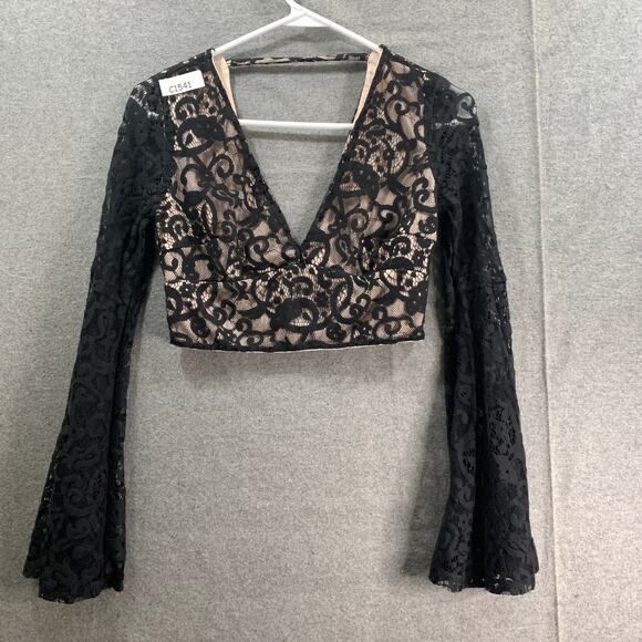 FOREVER 21 Cropped Top Longsleeve Shirt Women Small Black Lace Shirt Ladies - Picture 1 of 6